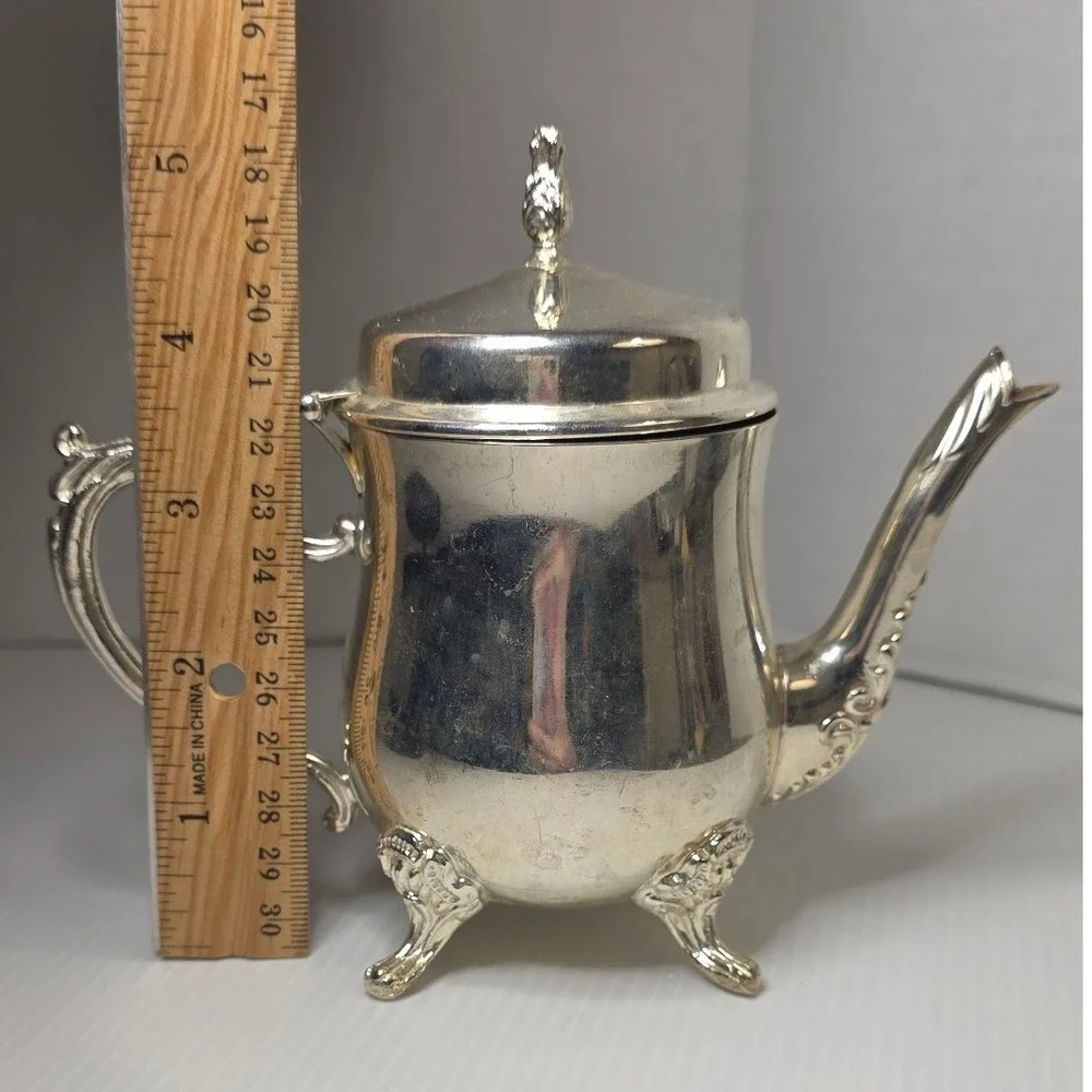 Vintage‎ Silver Plate Mini Teapot Creamer Ornate Footed Hinged Lid Unmarked